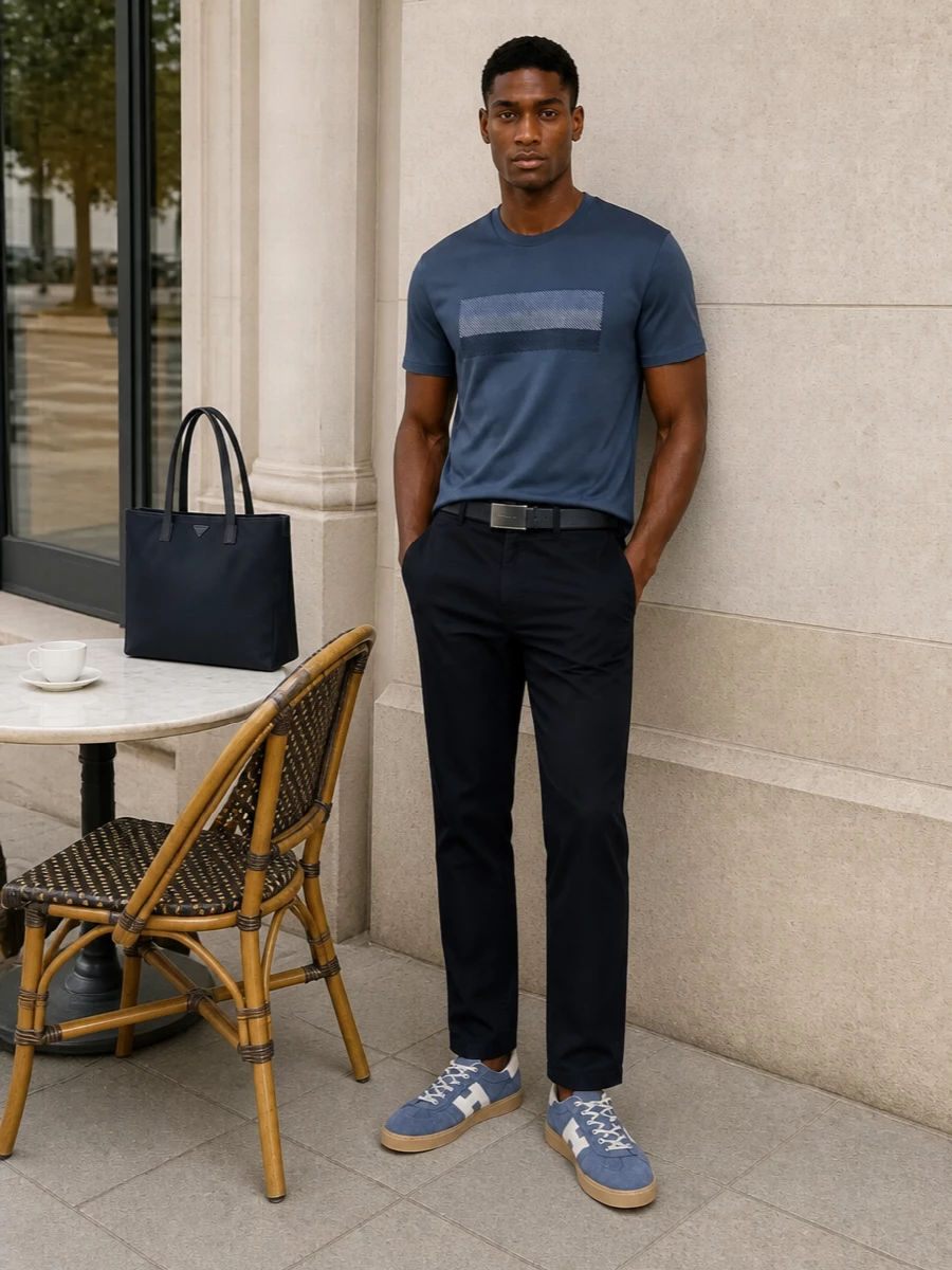 A slate-blue graphic tee sits over deep navy trousers for a clean, modern take on casual dressing that still feels considered. Slate-blue suede sneakers pick up the top’s tone while the structured navy tote and matching belt keep the palette tight and quietly polished. The result is an easy off-duty outfit that moves smoothly from coffee runs to relaxed dinners without losing its minimal edge.