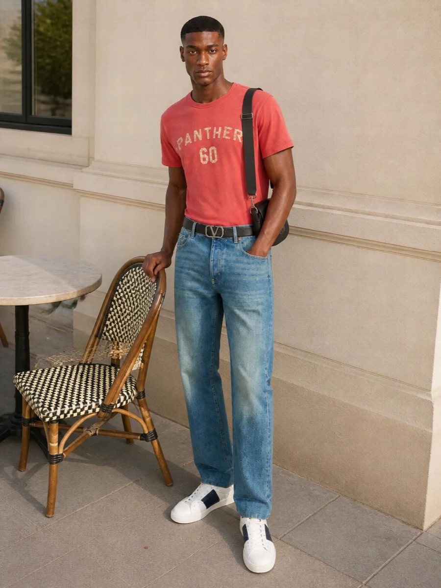 Coral varsity energy sits cleanly against mid-faded straight denim, giving a relaxed campus feel that still reads considered. Crisp white and navy sneakers echo the blue of the jeans while keeping the base light. A structured black crossbody and matching logo belt pull it into the city, adding just enough polish to carry from daytime hangs to low-key dinners.