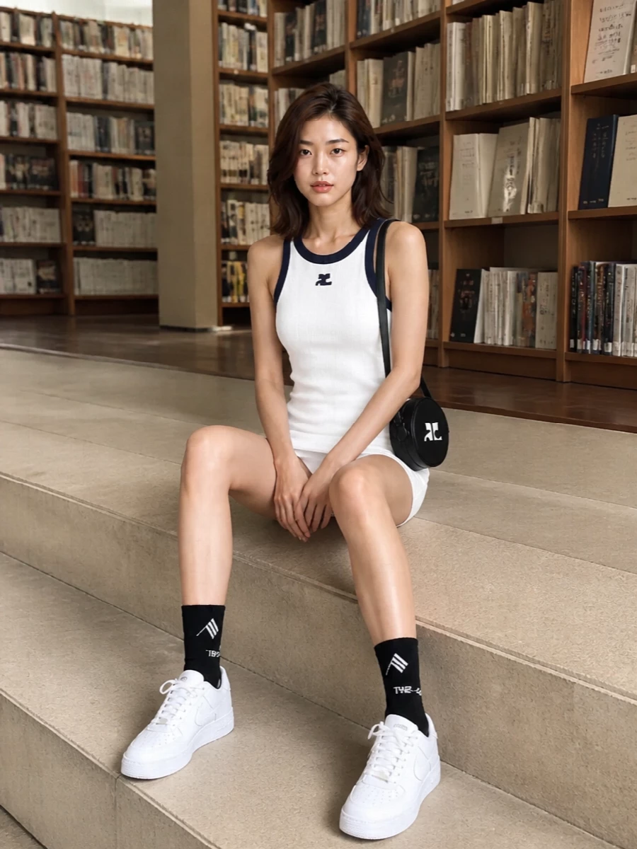 Courrèges’ racerback mini stays sporty and sharp, grounded with fresh white sneakers for a clean, city‑ready take. The circular crossbody and graphic socks add just enough logo play, keeping the palette tight in white, navy and black for an easy summer uniform.
