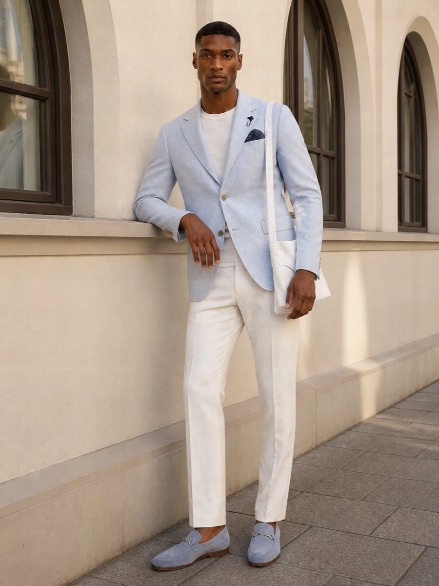 Lardini blue blazer ivory trousers gucci loafers