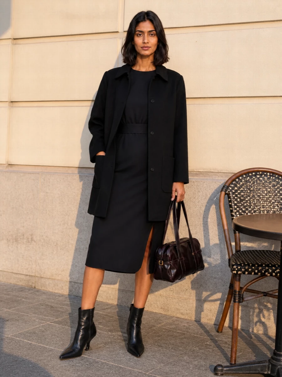 Dries van noten black coat sheath dress outfit