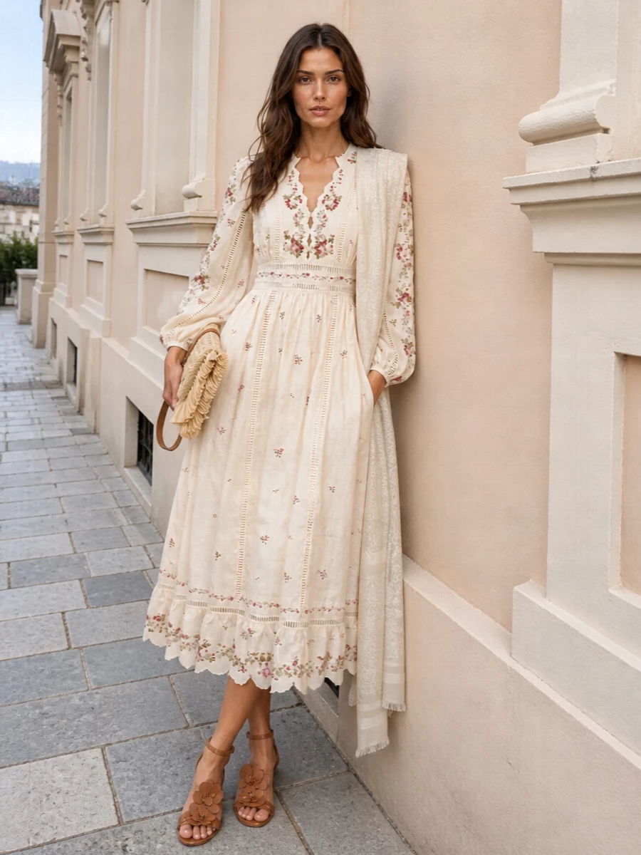 A romantic garden-party ensemble that lets the embroidered midi dress stay centre stage, grounded by warm tan accents. Delicate floral heels and a raffia fringe clutch keep the mood soft and summery, while a tonal stole is there for sunset without distracting from the lacework. The palette stays in gentle ivories and caramels so every detail feels harmonious and quietly refined for weddings or daytime celebrations.