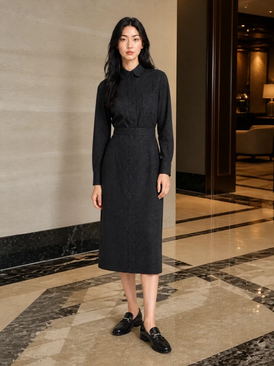 This is a razor-sharp take on modern power dressing built around a charcoal Thom Browne shirt dress and Gucci’s sleek black loafers. The column silhouette, clean tailoring and subtle hardware contrast keep the mood quietly assertive, ideal for days that move from high-stakes meetings to dinner. I chose the dress route over suiting to preserve that uninterrupted line and let the shoes and bag do the talking in a very refined way.
