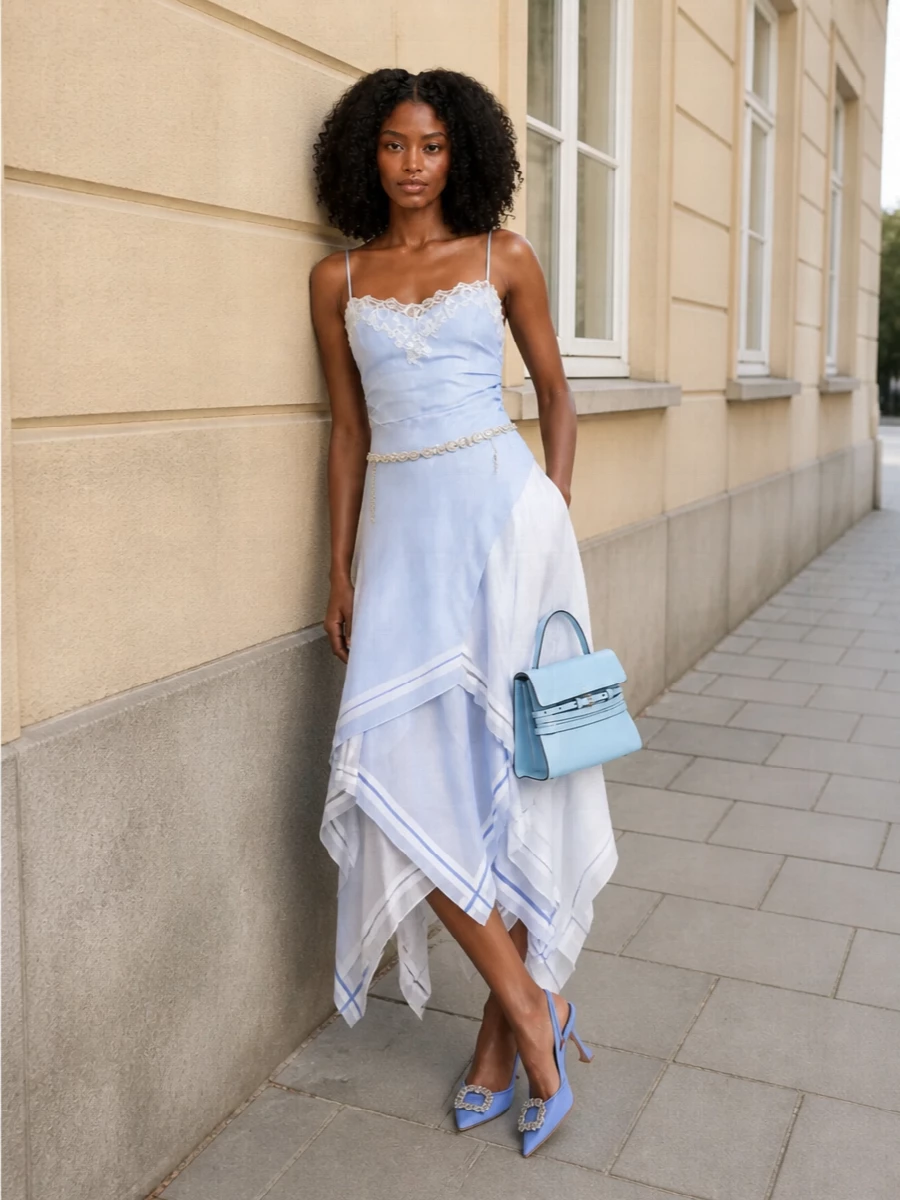Moschino powder blue camisole midi skirt outfit