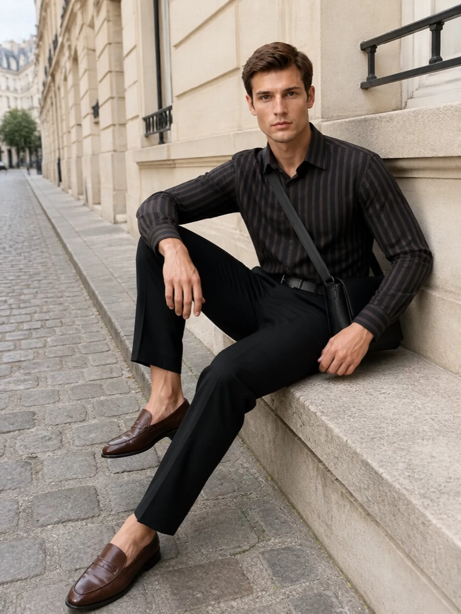 Dries van noten striped shirt black tailored trousers