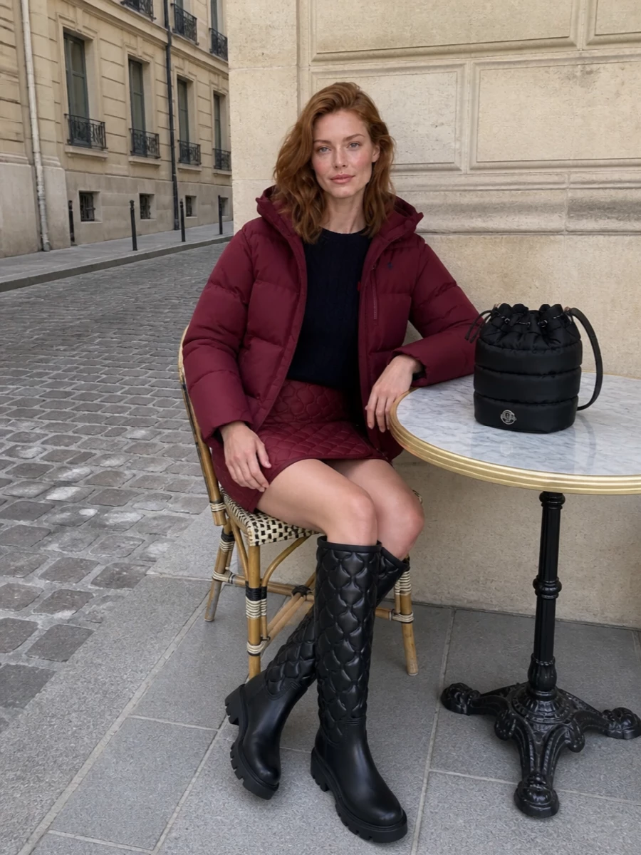 I’m building this around the outerwear and keeping the energy athletic and urban, so I’m skipping dresses in favour of a knit plus mini combination that can actually live under the puffer. The cable-knit, quilted mini and tall padded boots keep everything textural and warm while the burgundy and navy palette feels considered rather than matchy. It is a city winter uniform that sits comfortably at the intersection of Polo prep and Moncler alpine sport.