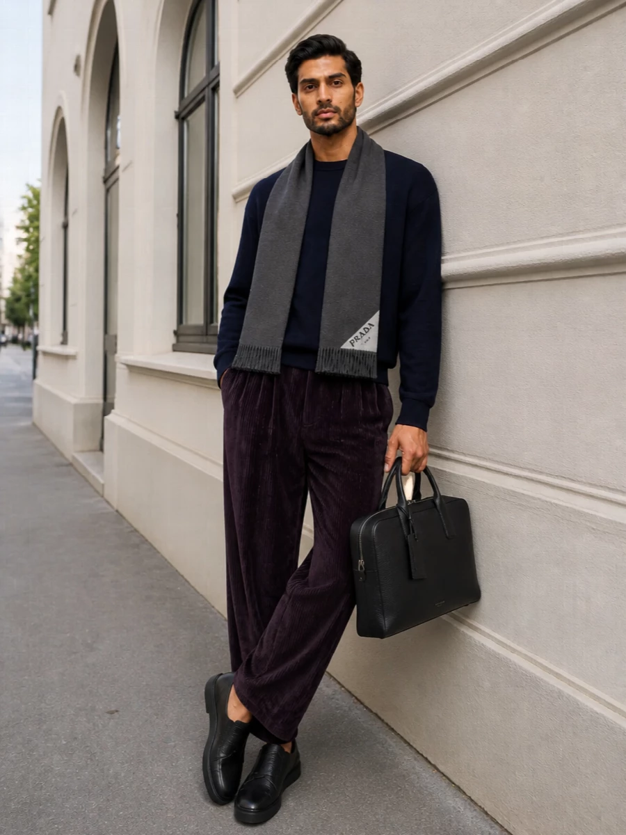 Giorgio armani velvet trousers navy sweater outfit
