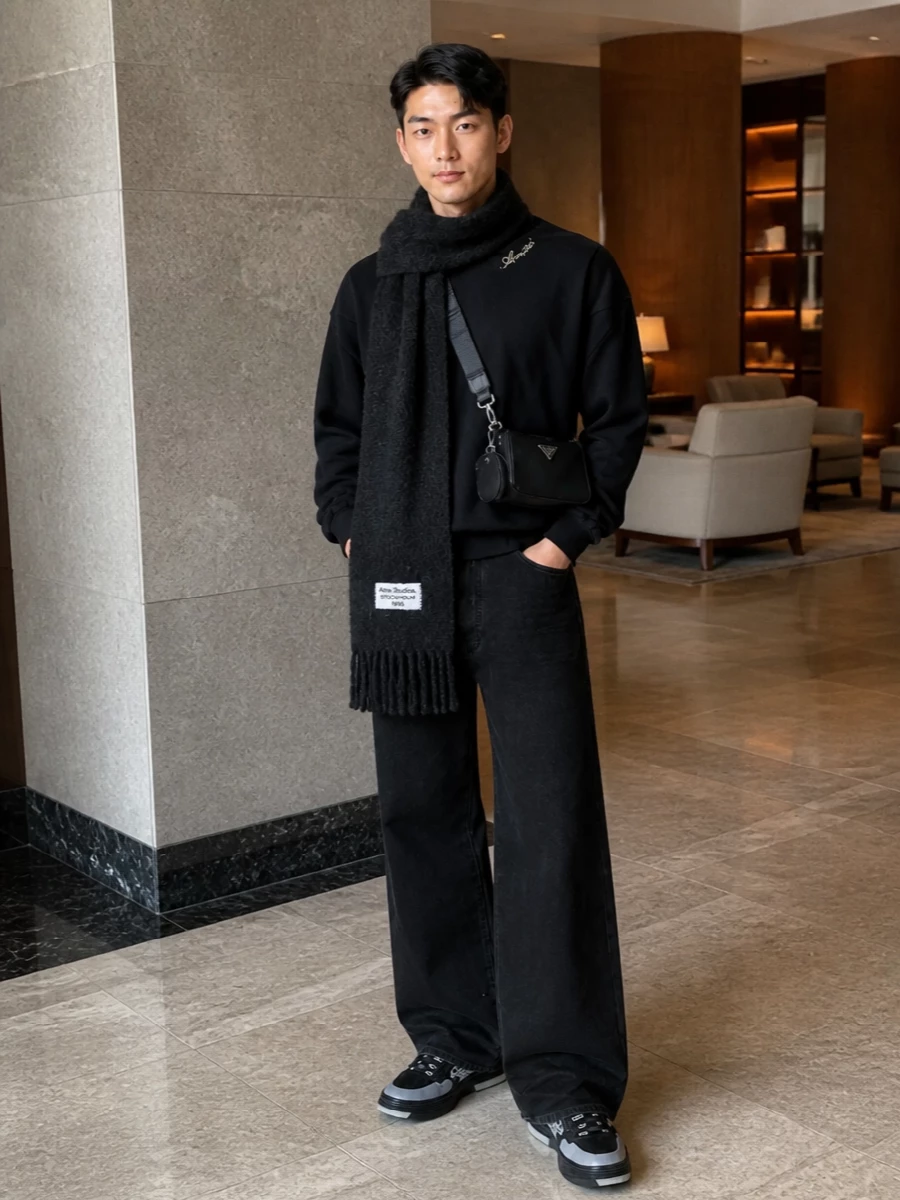 Amiri black sweatshirt wide leg jeans prada bag