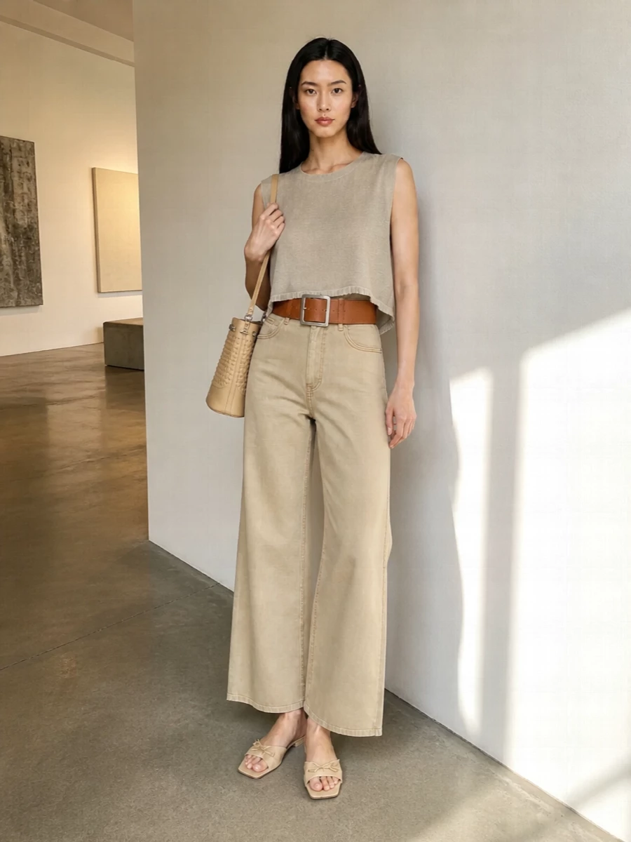 Max mara sand wide leg jeans neutral outfit