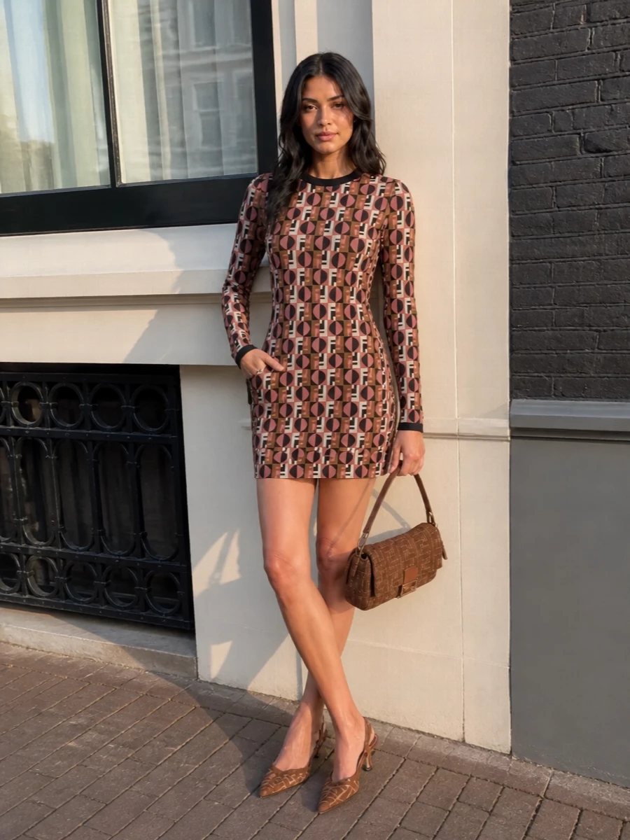 Fendi knit mini dress brown slingback heels
