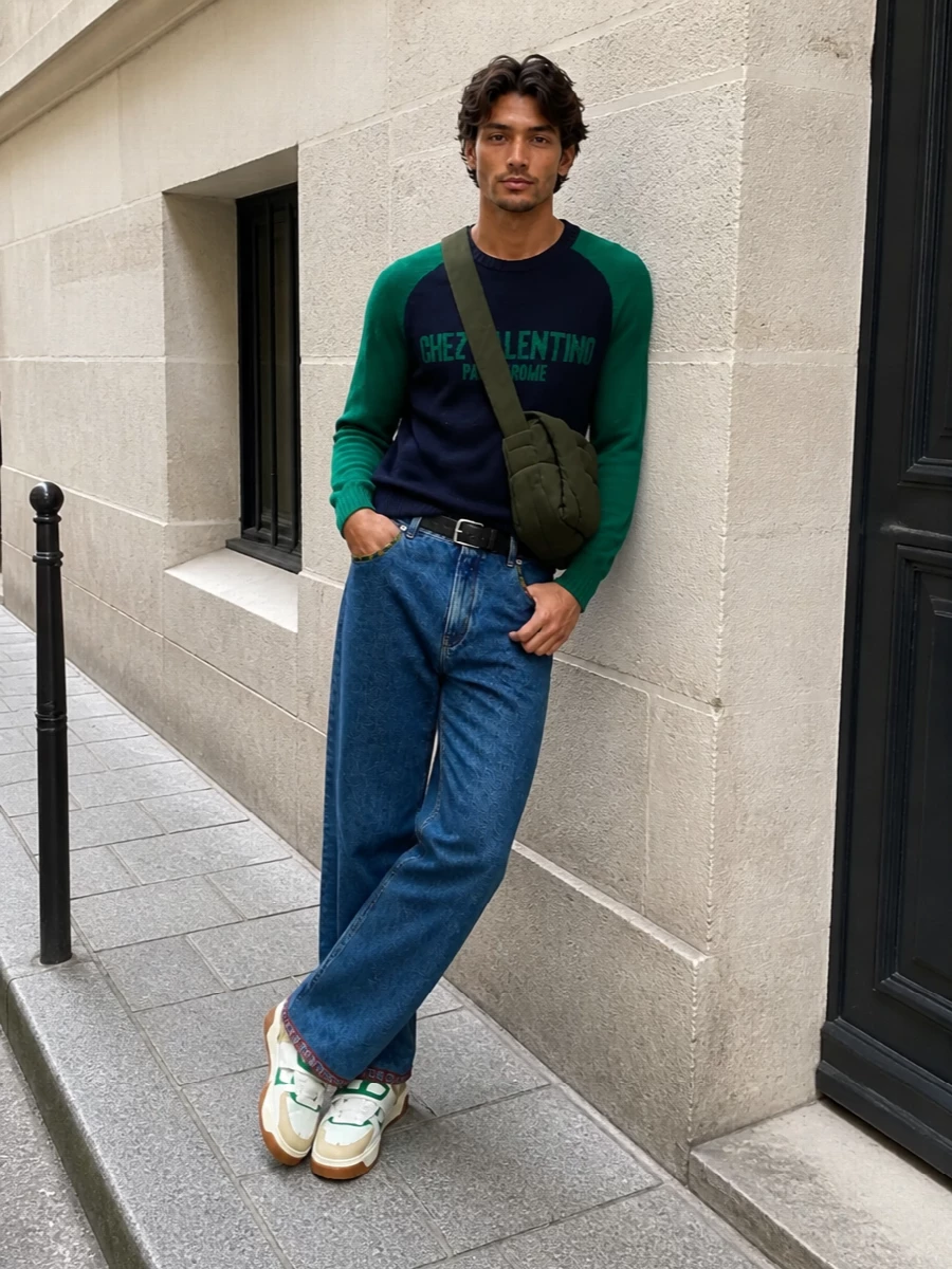 This look leans into the jeans’ folkloric detailing with a navy-and-emerald Valentino crewneck that feels collegiate yet couture, keeping the palette deep and cohesive for FW. Forest-accented court sneakers echo the embroidery without going loud, while an olive Bottega crossbody and a discreet quilted belt add soft structure and tactile luxury, polishing the laid-back straight-leg denim into a considered city uniform.