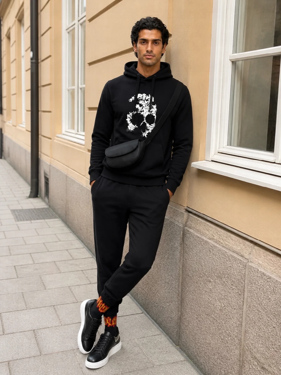 Alexander mcqueen skull hoodie black jogger outfit