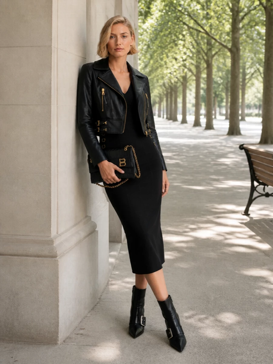 I am styling this as a dress-led night ensemble, letting the bodycon midi carry the line while the cropped biker sharpens the shoulders and defines the waist. The result is a focused black-and-gold story with strong hardware, a long, sculpted column under the jacket and razor-sharp accessories that lean into a confident, city-after-dark mood. It feels cohesive in brand attitude and tier, with just enough edge to keep the tailoring from feeling too classic.
