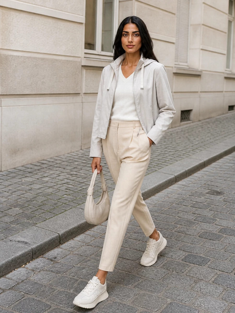 This look builds a tonal, quietly luxurious SS city uniform around the Moorer jacket, with an ivory fine-gauge knit and cropped tapered trouser creating a slim, refined column beneath the technical shell. Cream runners keep the mood relaxed yet considered, while the sculpted Lemaire hobo adds soft structure and texture, elevating the ensemble without disrupting its minimalist neutrality. I chose the top-and-trouser path over the dresses to stay closer to the jacket’s urban utility DNA and preserve a crisp, layered silhouette.