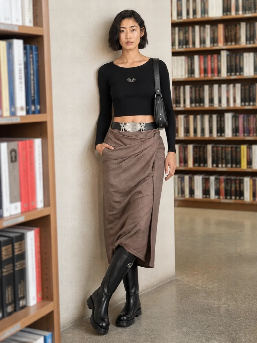 Diesel wrap skirt black crop top knee boots