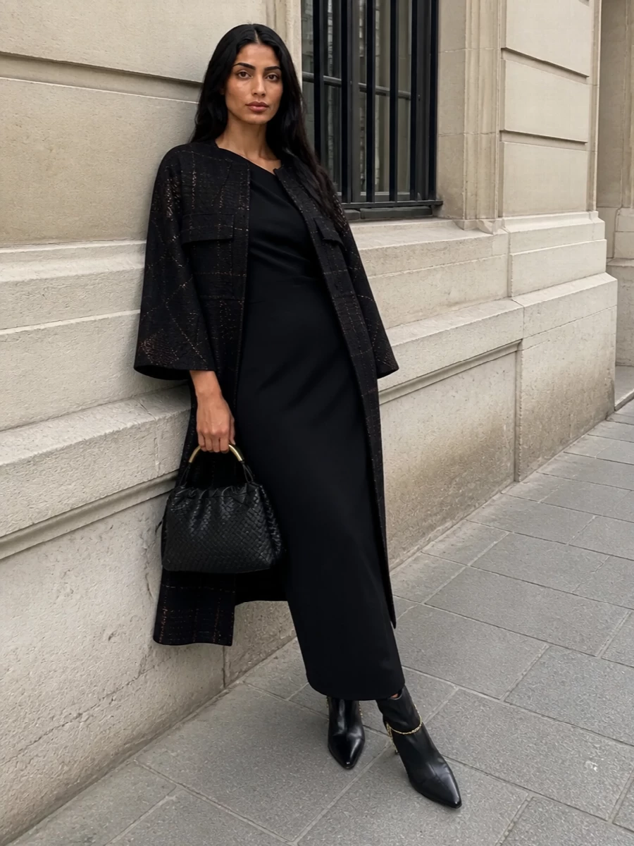 Max mara coat black column gown evening outfit