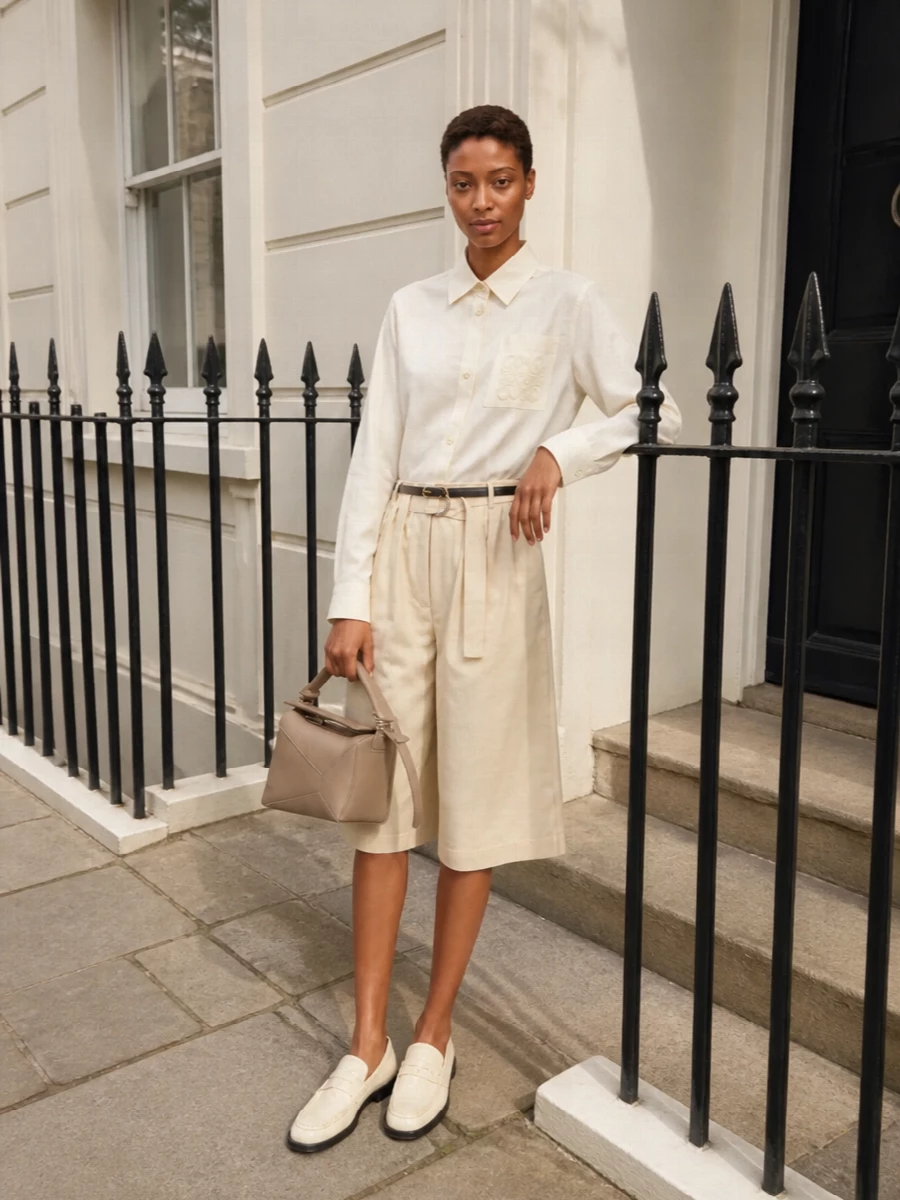 Loewe ivory shirt beige cropped shorts outfit