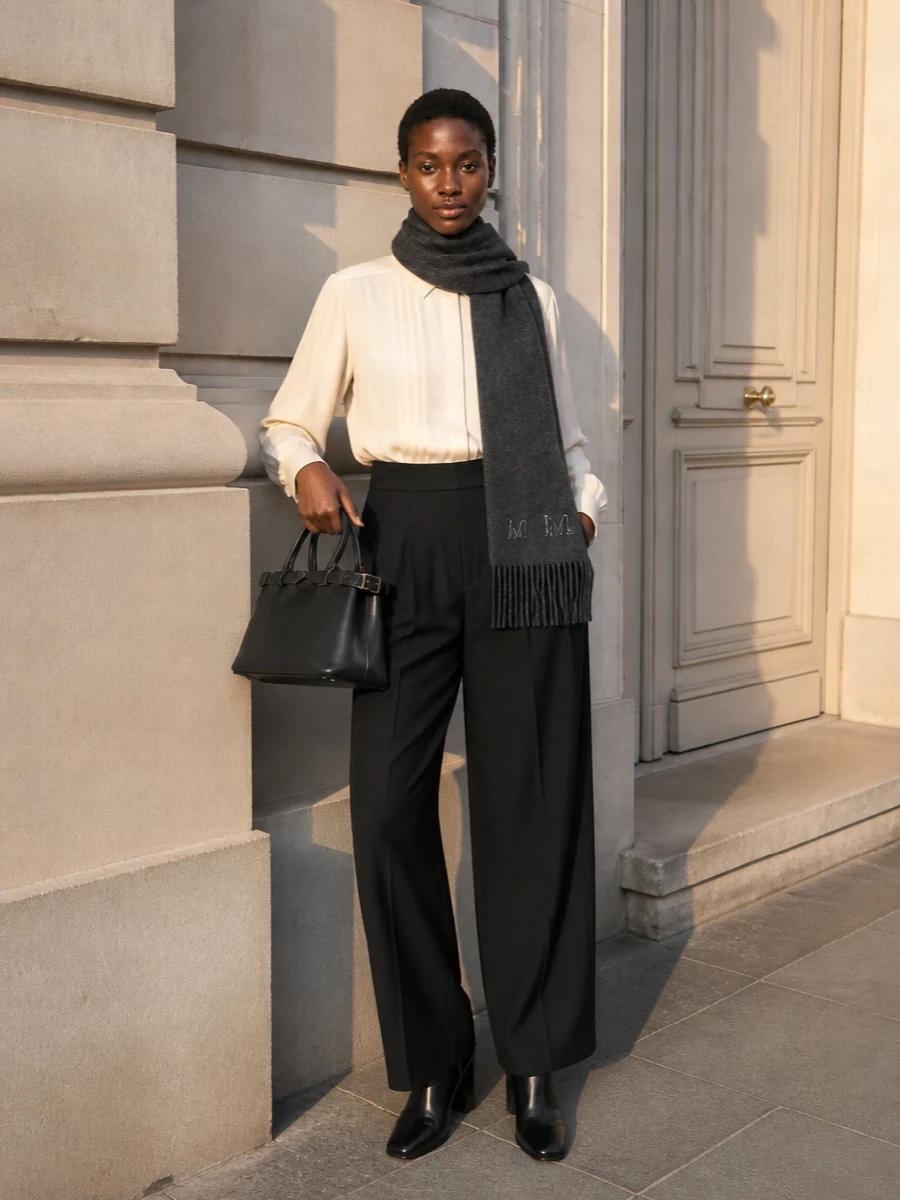 Deep black pleated trousers are softened with a cream pleated shirt, creating a restrained play of light and shadow that still reads impeccably tailored. A pointed black ankle boot and structured black top-handle keep the lines long and composed, while the charcoal scarf adds just enough texture for colder days without stealing focus. The result is a quietly assured ensemble that moves easily from high-level meetings to late restaurant reservations.