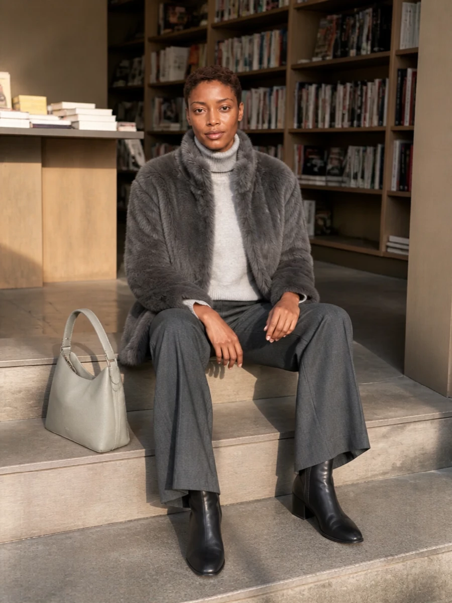 I’m styling this around the coat with a knit-and-trouser base, not a dress, to keep the faux-fur as the statement and maintain a clean, modern day-to-night feel. The grey turtleneck and flared tailoring create a long, uninterrupted column under the coat, while black ankle boots and a structured grey bag sharpen the softness into something quietly boardroom and dinner appropriate.