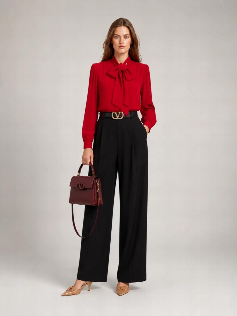 Valentino Garavani Silk Bow-Collar Long-Sleeve Blouse
