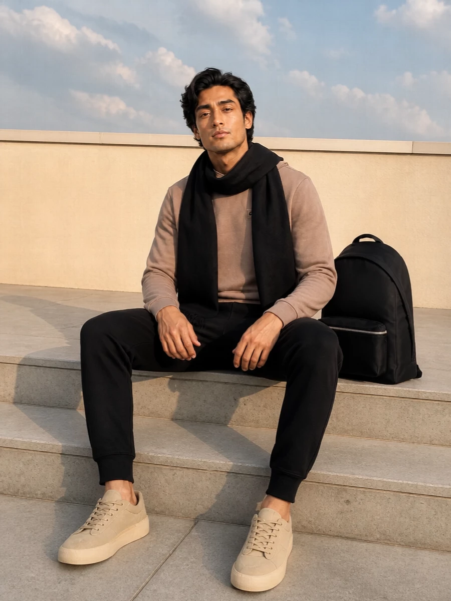 A dusty mocha hoodie sits against deep black joggers for a calm, graphic base that feels intentional but relaxed. Sand suede sneakers pick up the warmth of the top, lightening the palette while staying neutral. A structured black backpack and slim black scarf finish it with city-ready practicality and a subtle luxury edge.