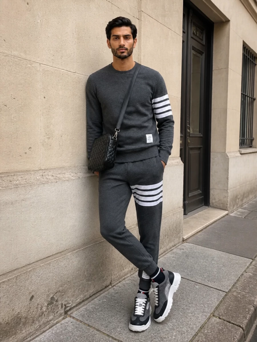 Thom browne charcoal sweatshirt joggers outfit