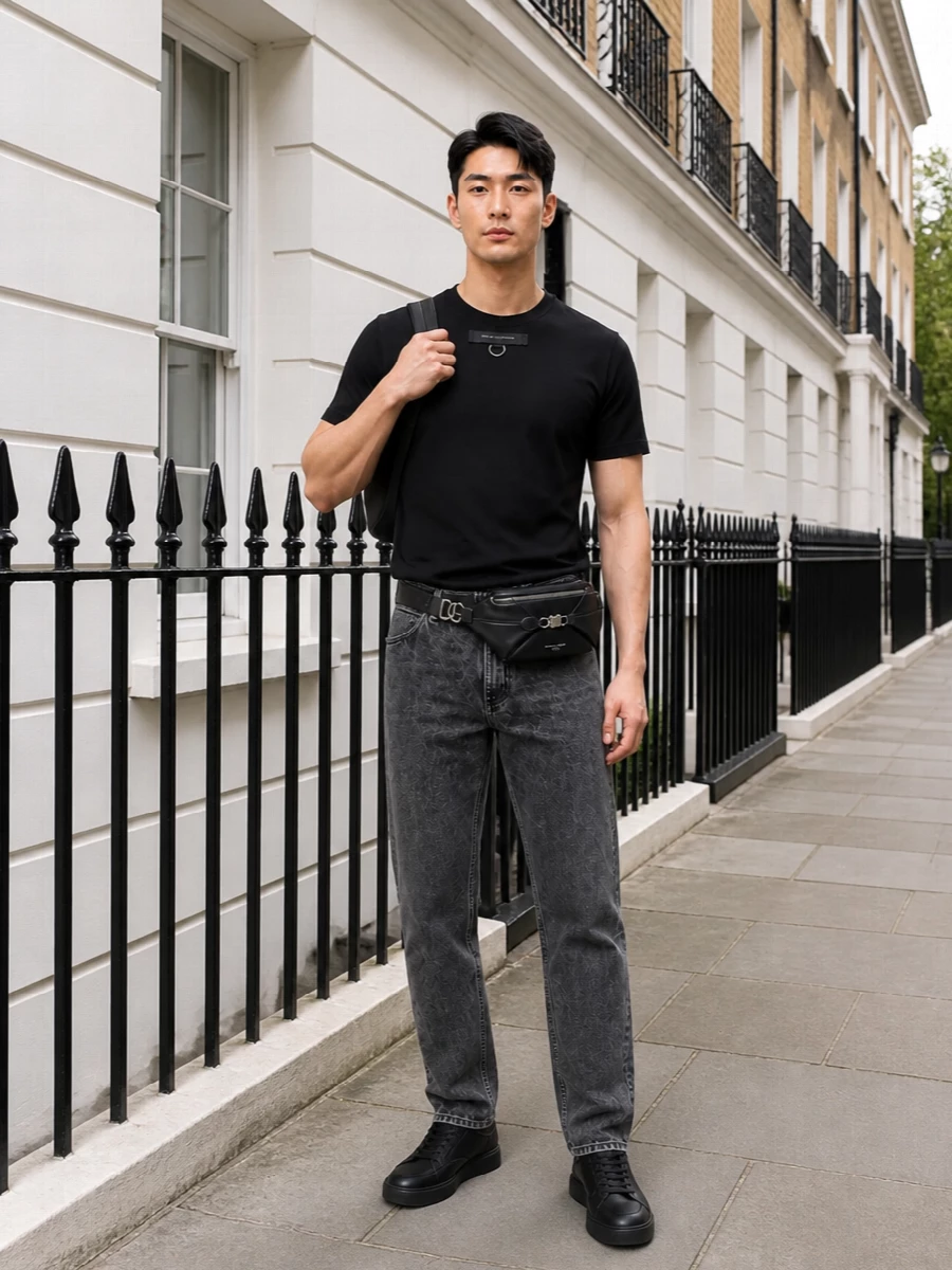 Dolce gabbana black tee charcoal jeans outfit