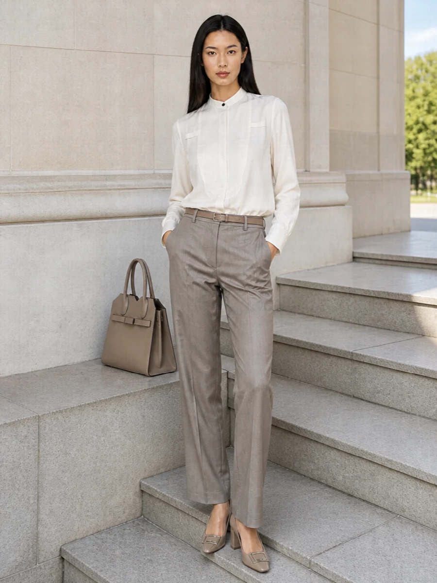Victoria beckham taupe trouser ivory shirt outfit