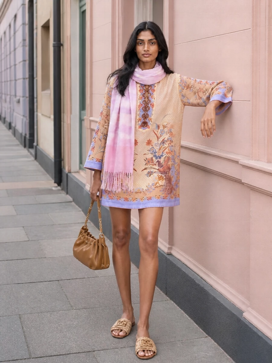 Zimmermann floral tunic with raffia slides outfit