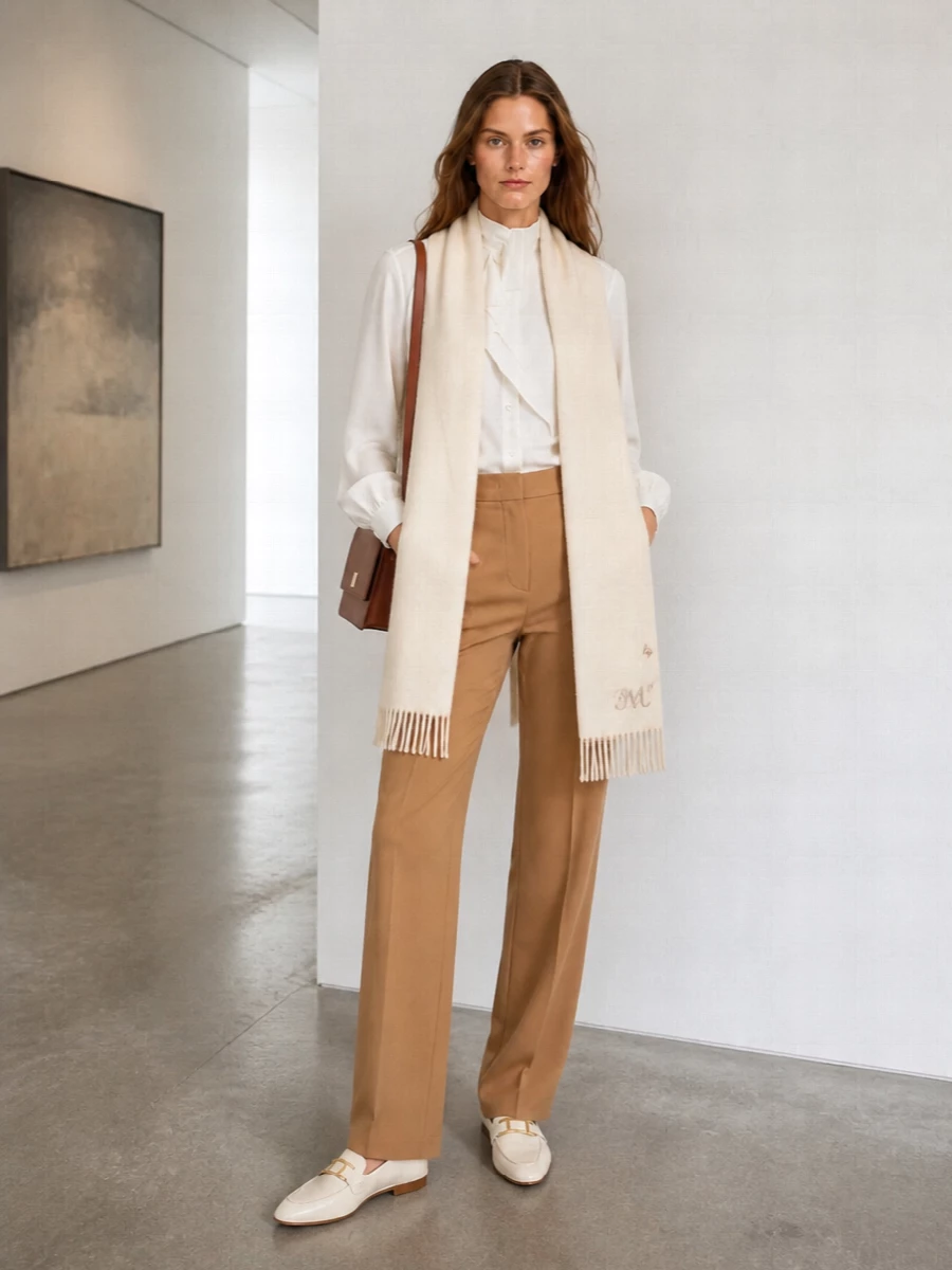Max mara ivory blouse camel trousers outfit