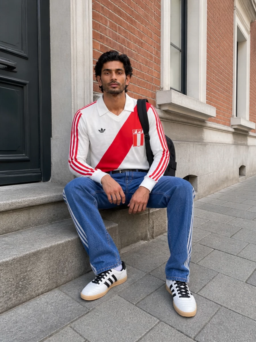 Adidas striped jeans football jersey sneakers