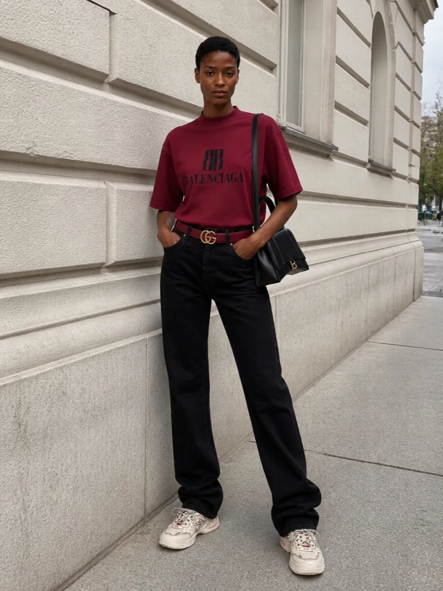 Deep burgundy and washed black set a clean street palette, with relaxed straight denim grounding the boxy logo tee. Chunky retro sneakers echo the tee’s colors, while a sharp black trapeze bag and slim burgundy belt tighten the silhouette just enough to feel intentional without losing that undone Balenciaga attitude.