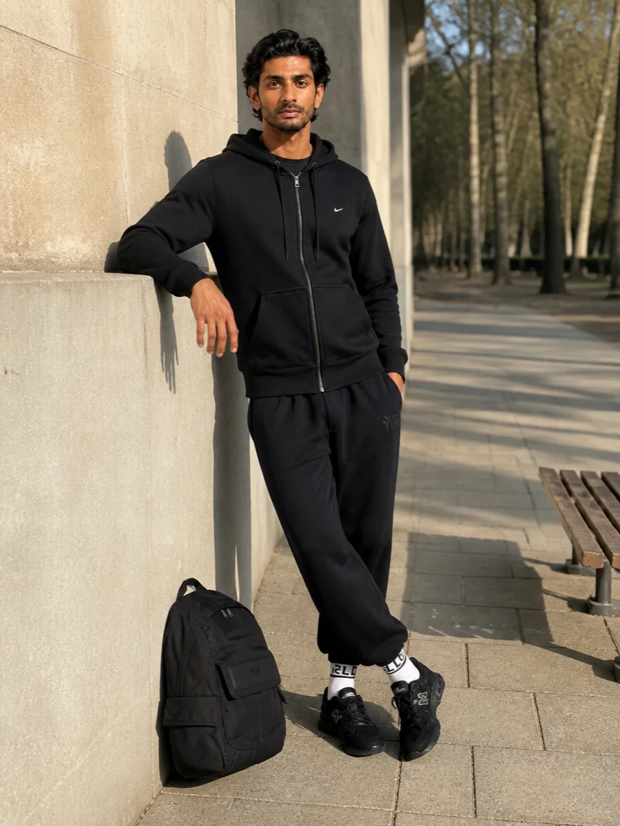 A black Nike zip hoodie, Y-3 track pants and stealth New Balance runners create a monochrome street-sport uniform that feels clean rather than loud. The Y-3 backpack and logo socks add quiet technical utility and subtle brand energy without disturbing the streamlined palette.
