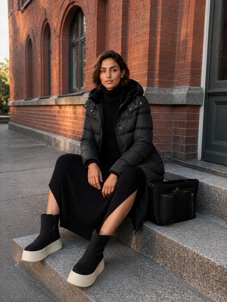 The long black Rick Owens knit dress aligns perfectly with the Herno puffer’s elongated, minimalist lines, so anchoring the outfit with a dress rather than separates keeps the silhouette clean and directional. Chunky padded Rick Owens boots and a structured black nylon tote push the mood toward technical city sport, without sacrificing quiet luxury or winter readiness. The result is a sleek, all-black cold-weather uniform that feels intentional from commute to late-night walks home.