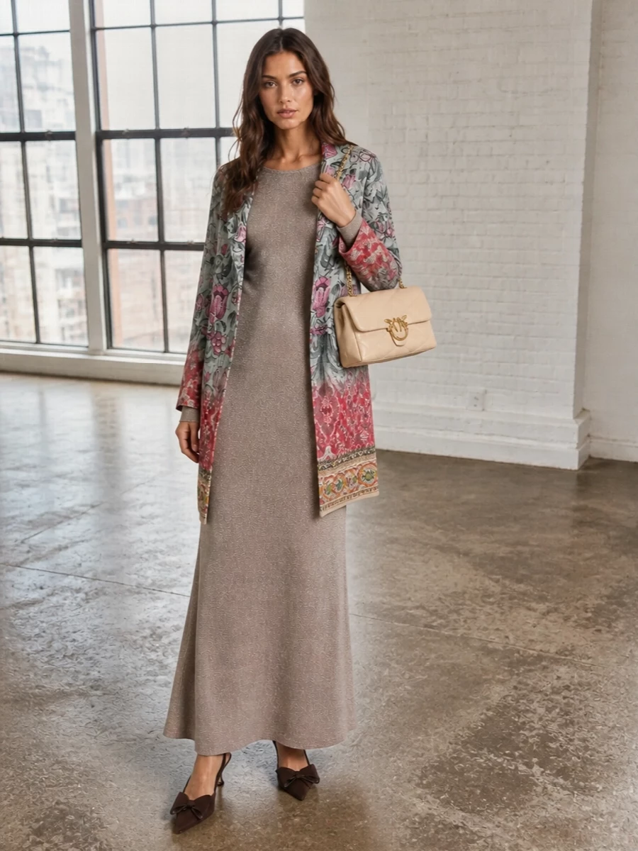 I am styling this as a dress-and-coat ensemble rather than adding a printed top and bottom, to let the Pierre Louis Mascia coat remain the single statement pattern. The shimmering Max Mara knit gown gives a long, serene base that picks up the coat’s warm metallic thread, while the chocolate slingbacks and buttercream bag keep the palette soft and romantic. It feels like gallery-opening eveningwear that is expressive yet composed, all about texture and hue rather than competing prints.
