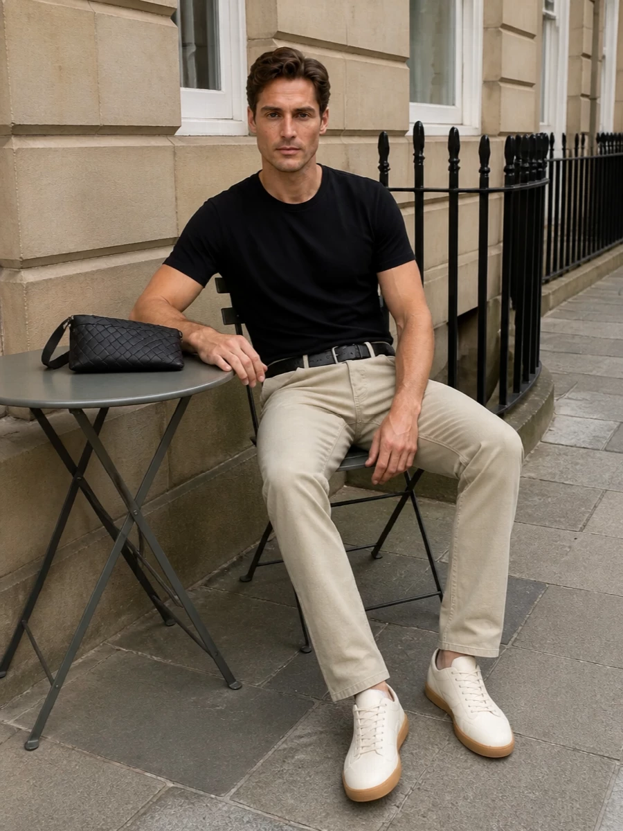 The black Zegna tee is grounded with stone-beige straight-leg trousers for a refined, warm-weather balance of depth and lightness that stays firmly in the minimalist, quiet-luxury space. Cream low-top sneakers keep the mood relaxed yet polished, while a black intrecciato crossbody and matching textured belt introduce subtle craftsmanship details that feel intentional without ever shouting. It’s an elevated everyday uniform that moves easily from city errands to low-key dinners.