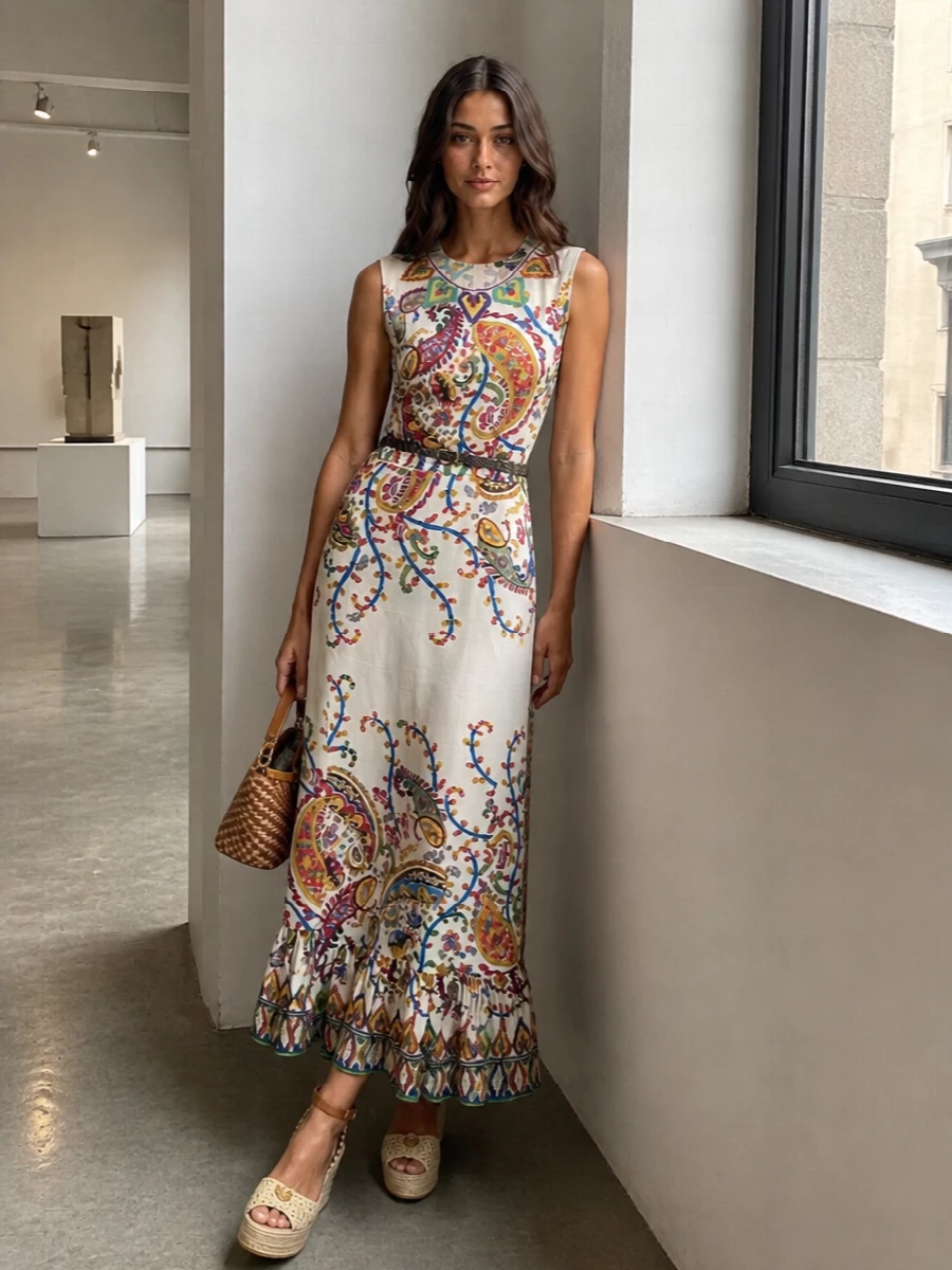 An Etro summer dress becomes the hero, framed by natural tan accessories and a slim braided belt that simply underline its shape. The jute wedges and structured raffia-accent bag keep the mood bohemian yet polished for terraces, garden parties or seaside dinners. A restrained neutral story around the print lets the ivory, raspberry and cobalt paisley stay luminous and effortless for warm days into soft evenings.
