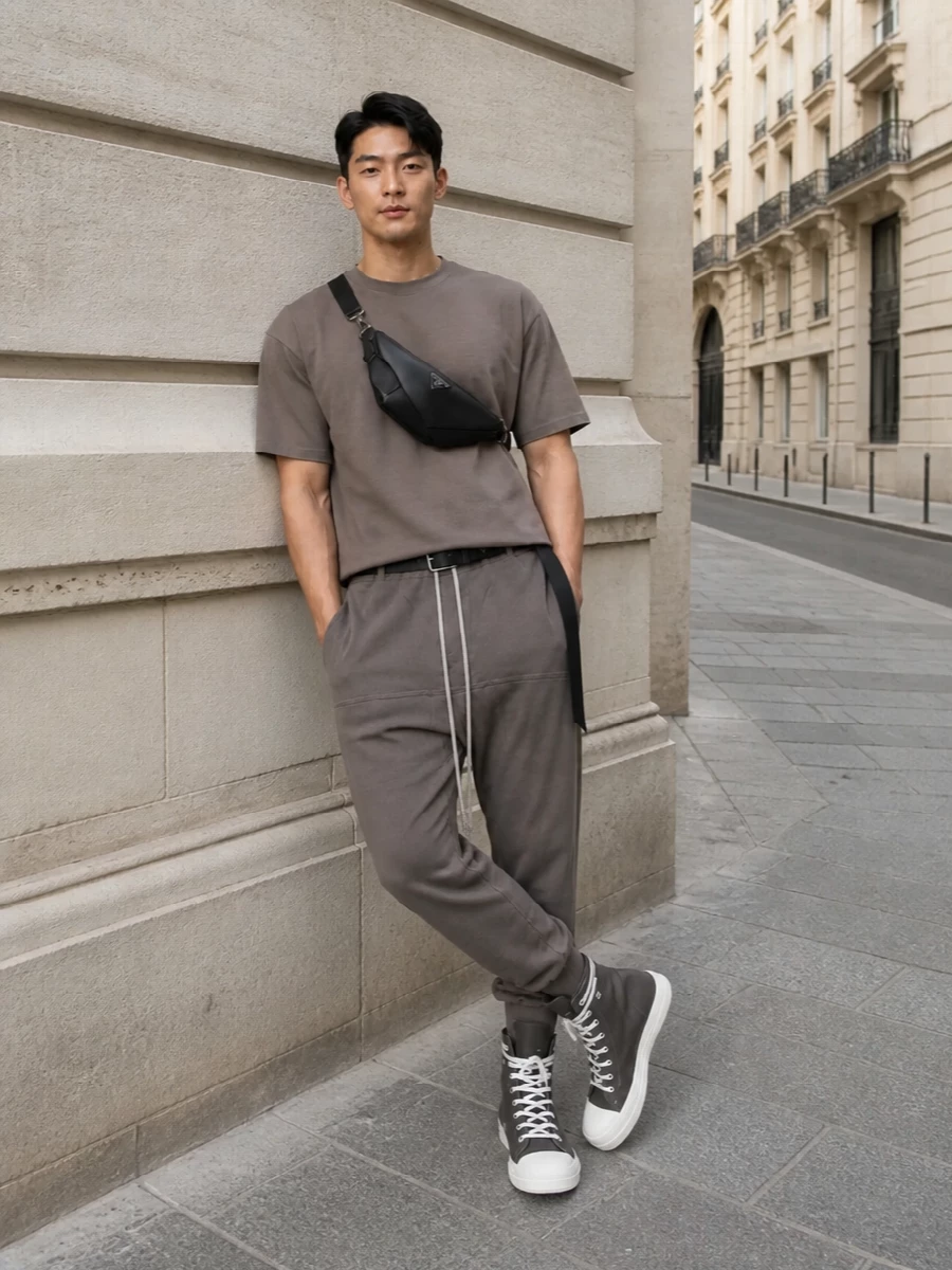 Rick owens taupe joggers tee prada crossbody outfit