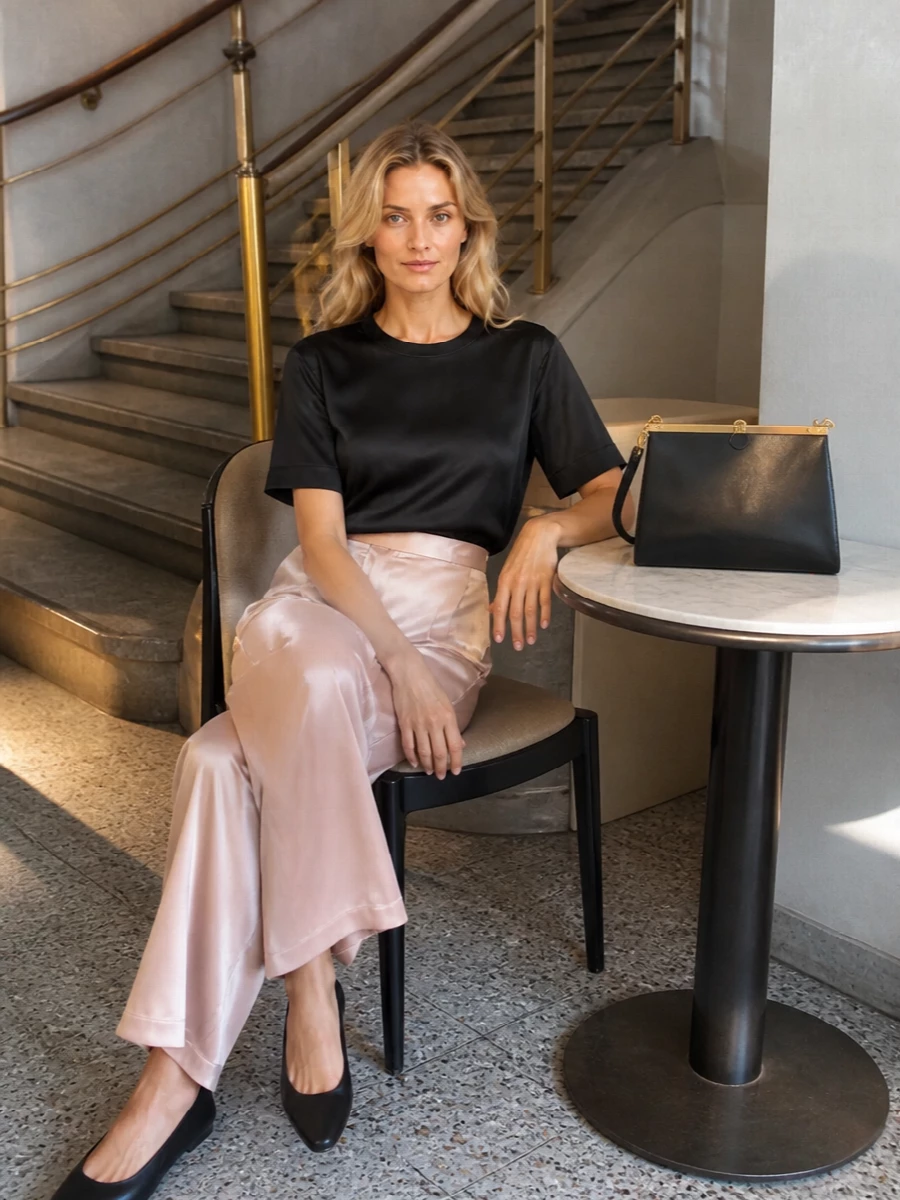 Liquid-black satin on top and blush-champagne satin through the leg create a clean, vertical line that feels low-key yet fully prepared for evening. The pointed black satin flat and structured black bag keep everything precise and modern, so the shine reads intentional rather than flashy.