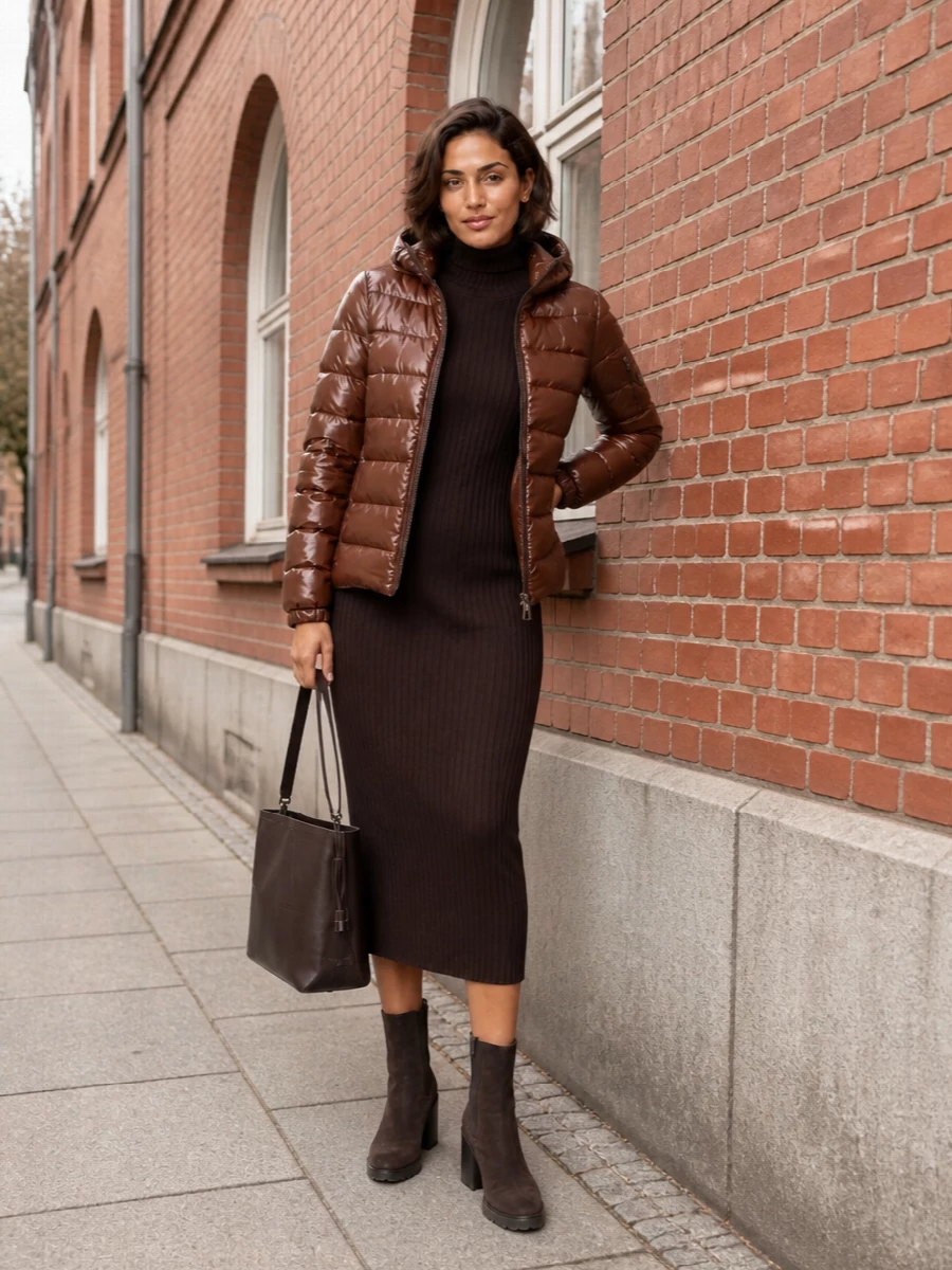 Herno brown puffer wolford knit dress outfit
