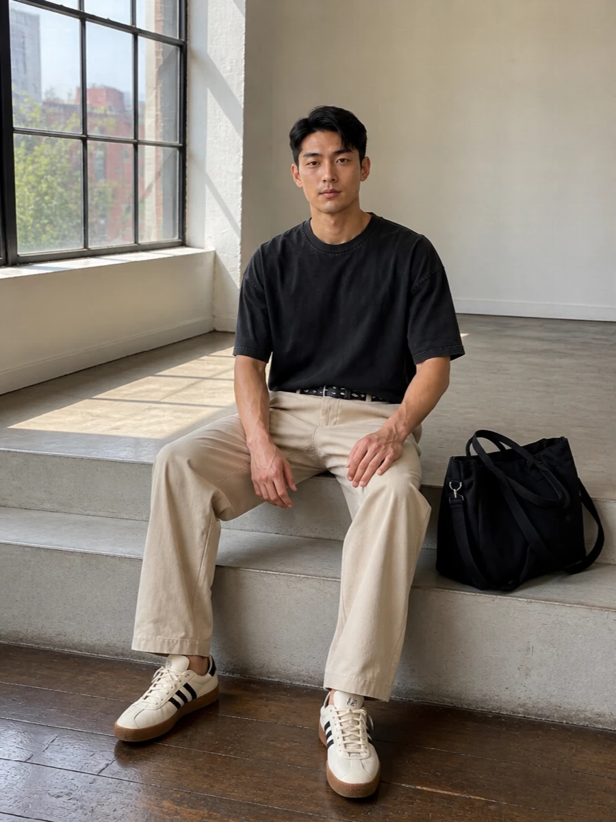 Light beige relaxed trousers ground the outfit, offset by a washed black oversized tee for an easy, graphic contrast. Cream and black gum-sole sneakers echo both tones, while the oversized black tote and slim belt add a considered, minimal finish that still feels laid back.