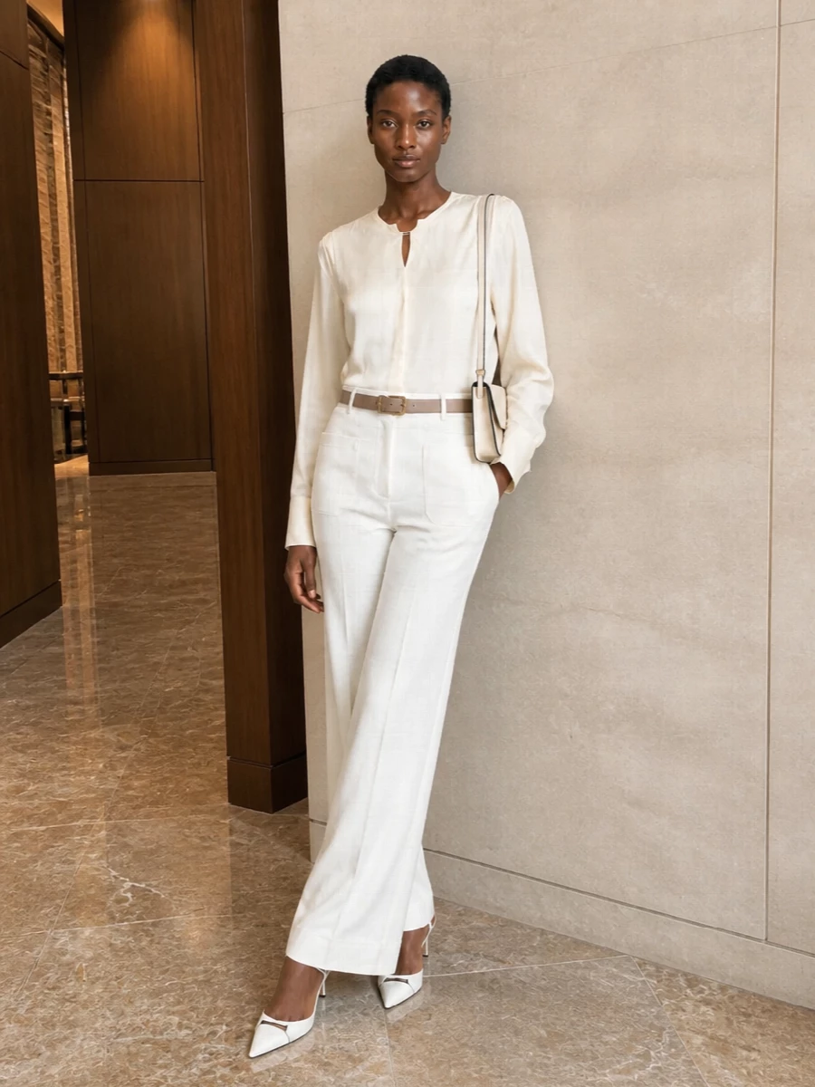 Victoria beckham white wide leg trousers outfit