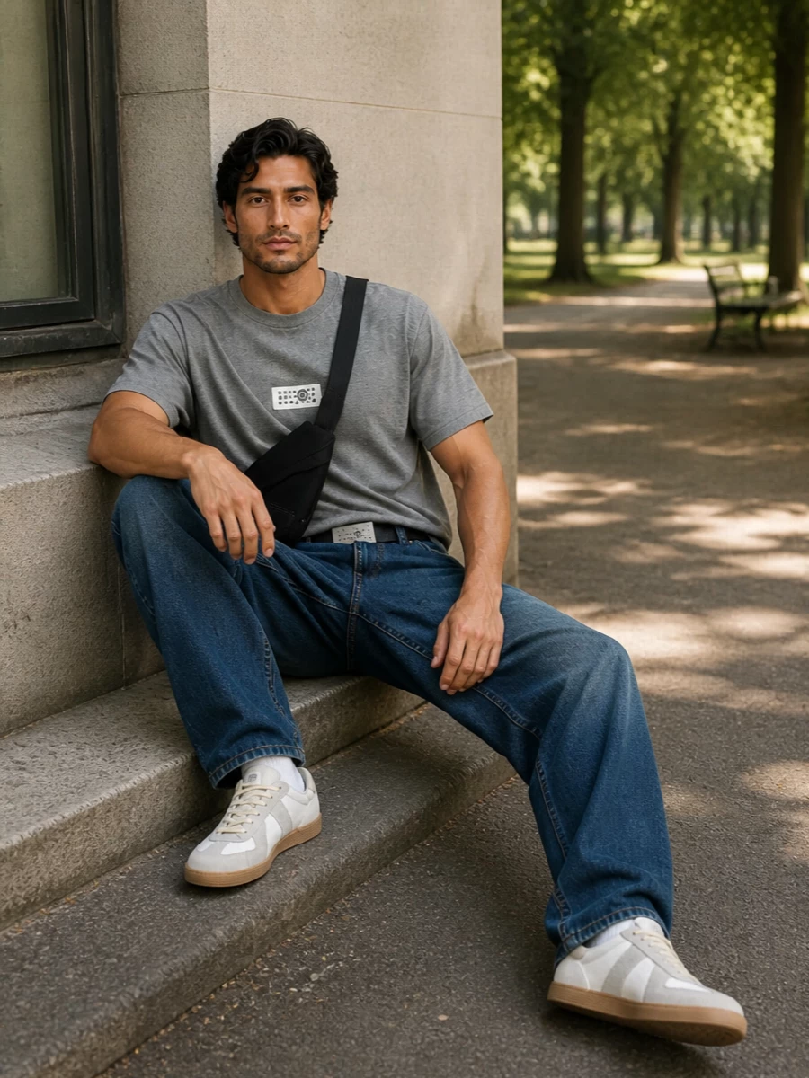 A relaxed straight jean meets a softly structured heather-grey numeric tee for a calm, street-led base that still feels considered. Off-white and grey sneakers with a gum sole keep everything light and grounded, mirroring the denim wash without shouting. A black asymmetric sling and slim logo belt finish the outfit with just enough Margiela attitude while staying minimal and easy for everyday wear.
