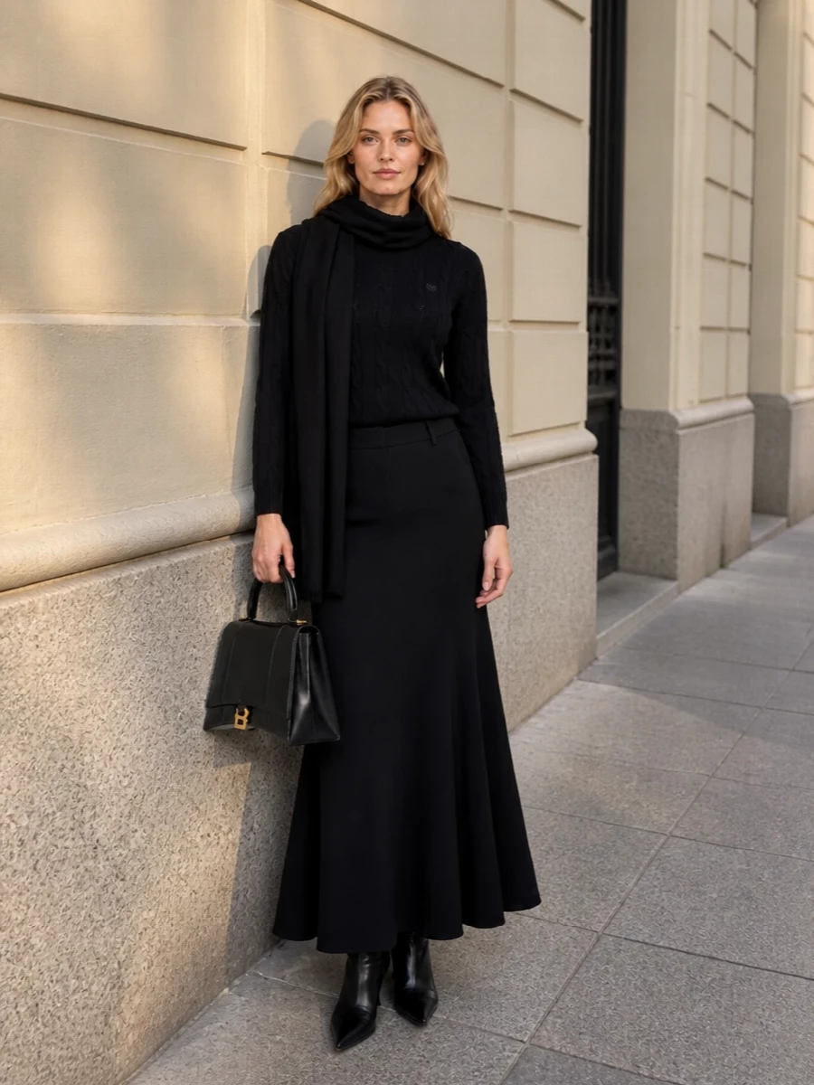 Balenciaga black cable knit flared maxi outfit