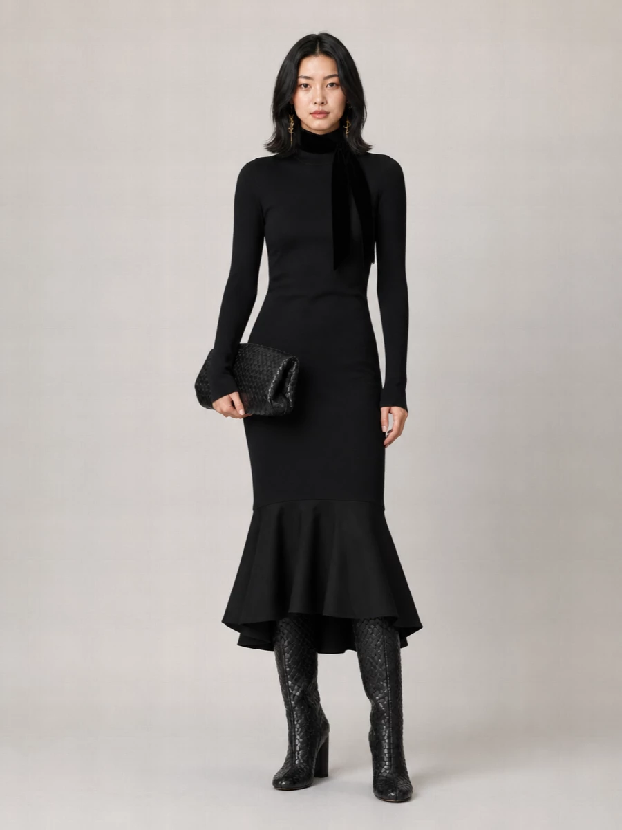 Bottega Veneta Ribbed Knit Turtleneck Asymmetric Midi Dress