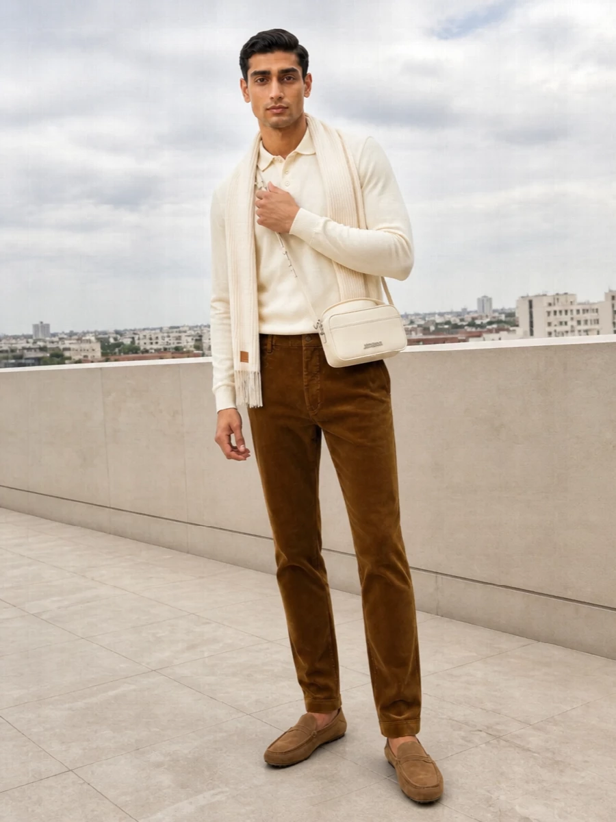A cream long-sleeve polo pairs with caramel corduroy trousers for a soft, collegiate take on smart casual. Camel suede driving loafers underline the warm, tonal palette, while a compact cream crossbody and matching ribbed scarf keep the finish clean and quietly polished. The result is a relaxed, considered outfit that moves easily from weekend city walks to informal lunches.
