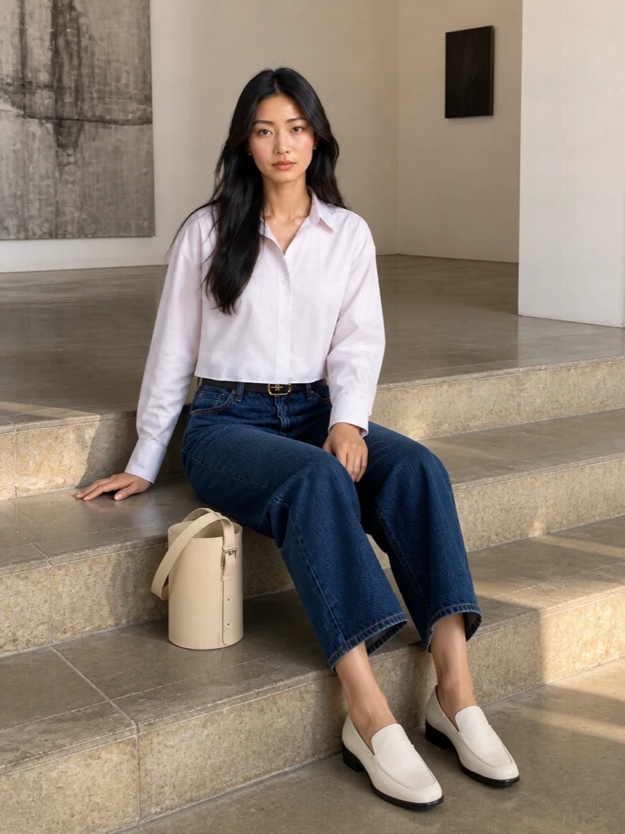 Calvin klein wide leg jeans cropped shirt loafers