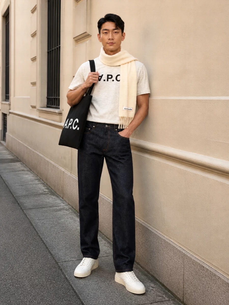 Apc logo tshirt dark indigo jeans sneakers