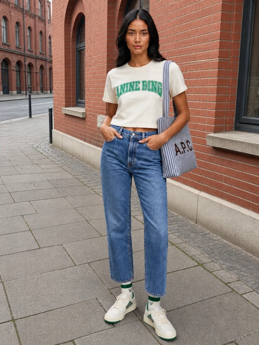 Anine bing tee straight jeans autry sneakers