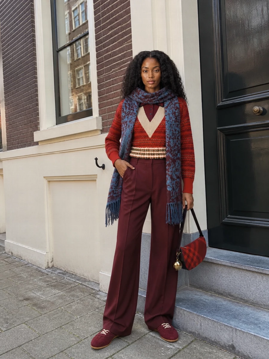 Dries van noten red sweater burgundy trousers